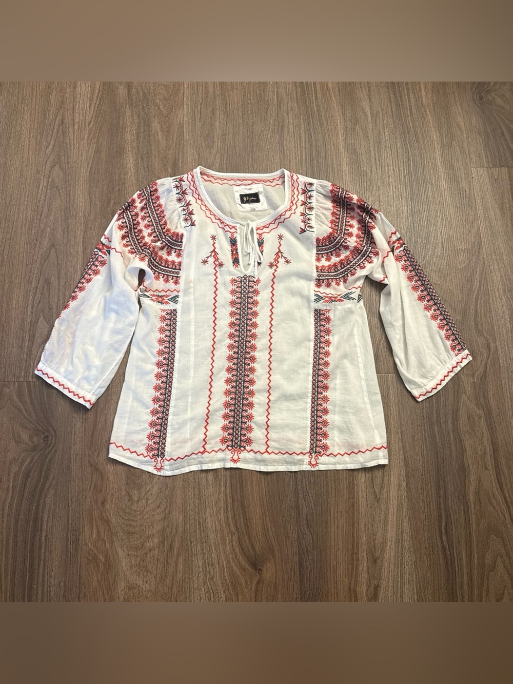 Biya, Johnny Was White cotton sheer blouse with red and navy embroidery